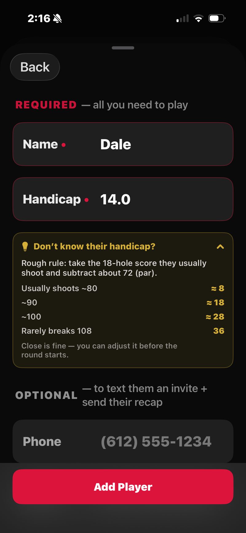 FOREPAID Add a guest form: Name and Handicap marked required, the Don&rsquo;t know their handicap? helper open with a rough rule (usually shoots about 80 is about an 8, about 90 is 18, about 100 is 28, rarely breaks 108 is 36), an optional Phone field, and an Add Player button
