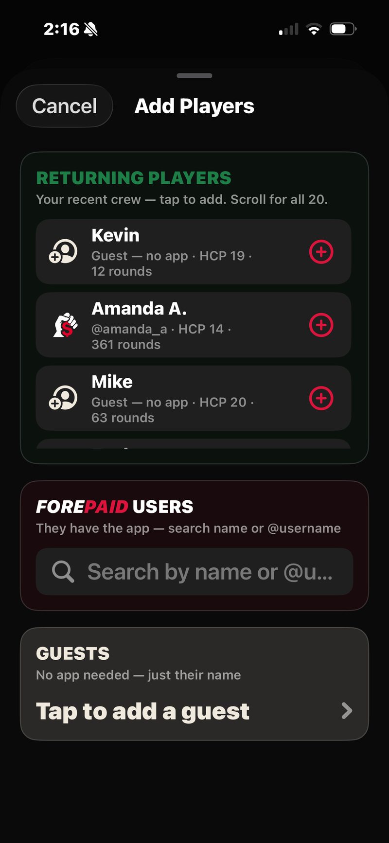 FOREPAID Add Players sheet: RETURNING PLAYERS with Kevin, Amanda A. and Mike, a FOREPAID USERS search by name or @username, and a GUESTS box with Tap to add a guest
