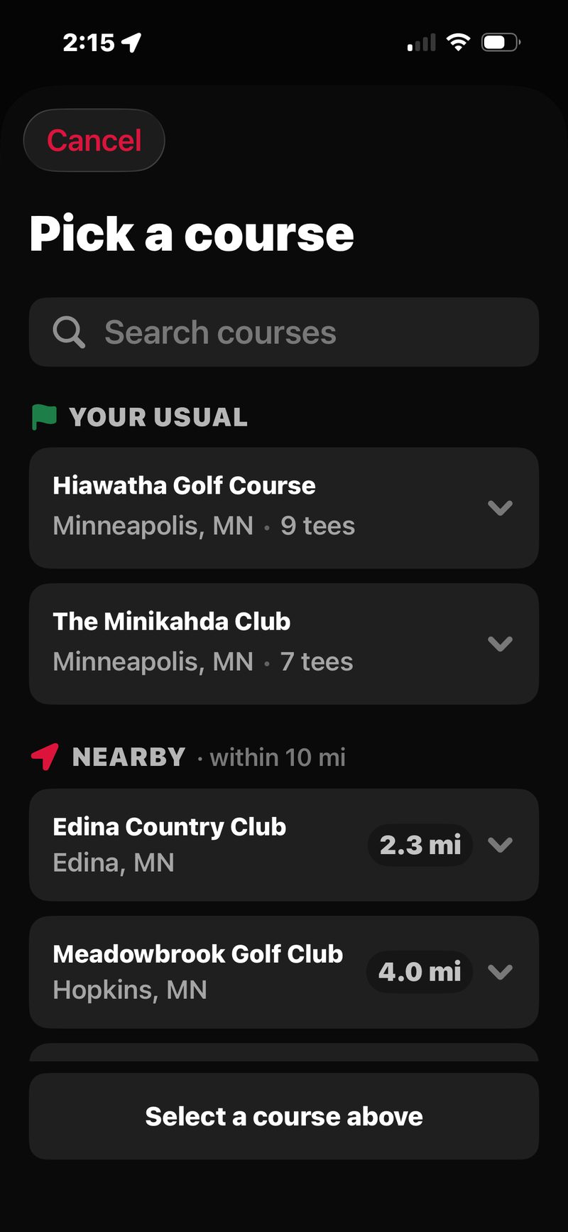 FOREPAID course picker: search, Your Usual courses, and Nearby courses within 10 miles with distances