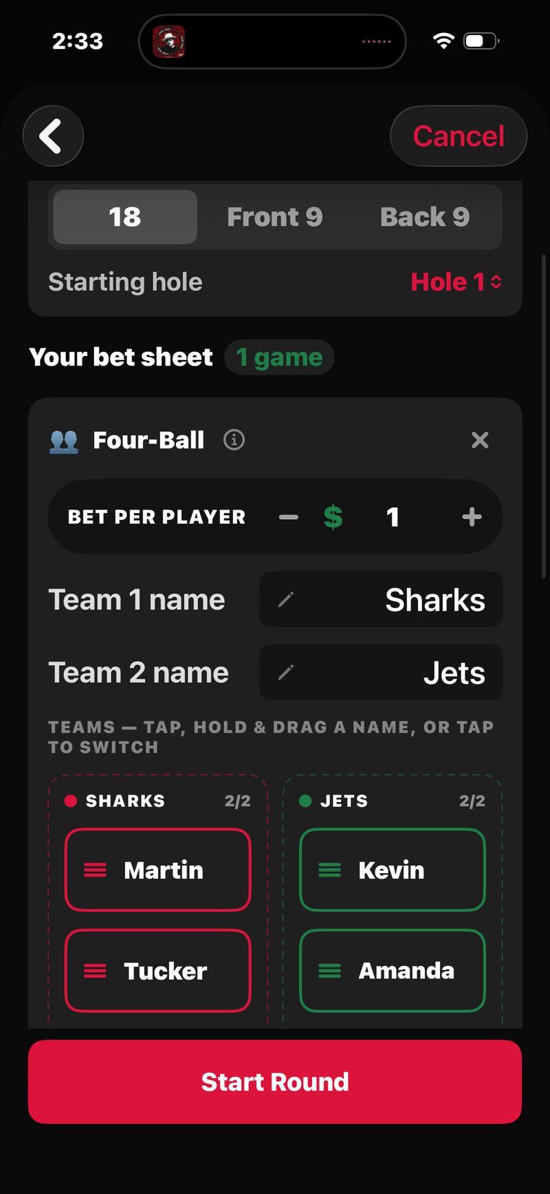 FOREPAID Four-Ball setup: bet per player, teams named Sharks and Jets, and tap-and-drag team lists