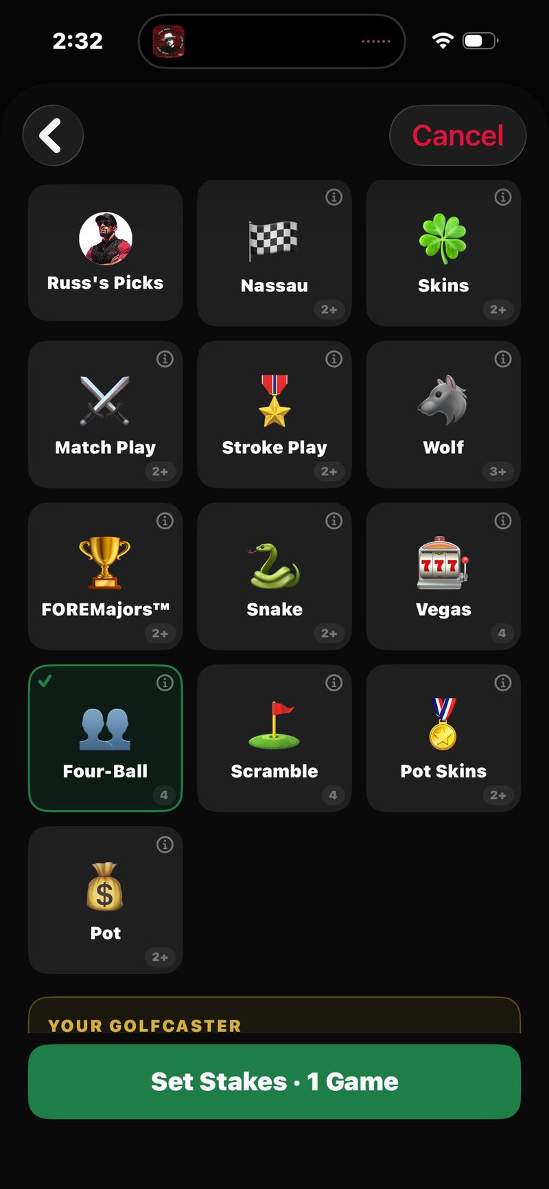FOREPAID game picker: the Russ&rsquo;s Picks preset tile plus Nassau, Skins, Match Play, Stroke Play, Wolf, FOREMajors, Snake, Vegas, Four-Ball, Scramble, Pot Skins and Pot, each tagged with how many players it needs, with Four-Ball picked