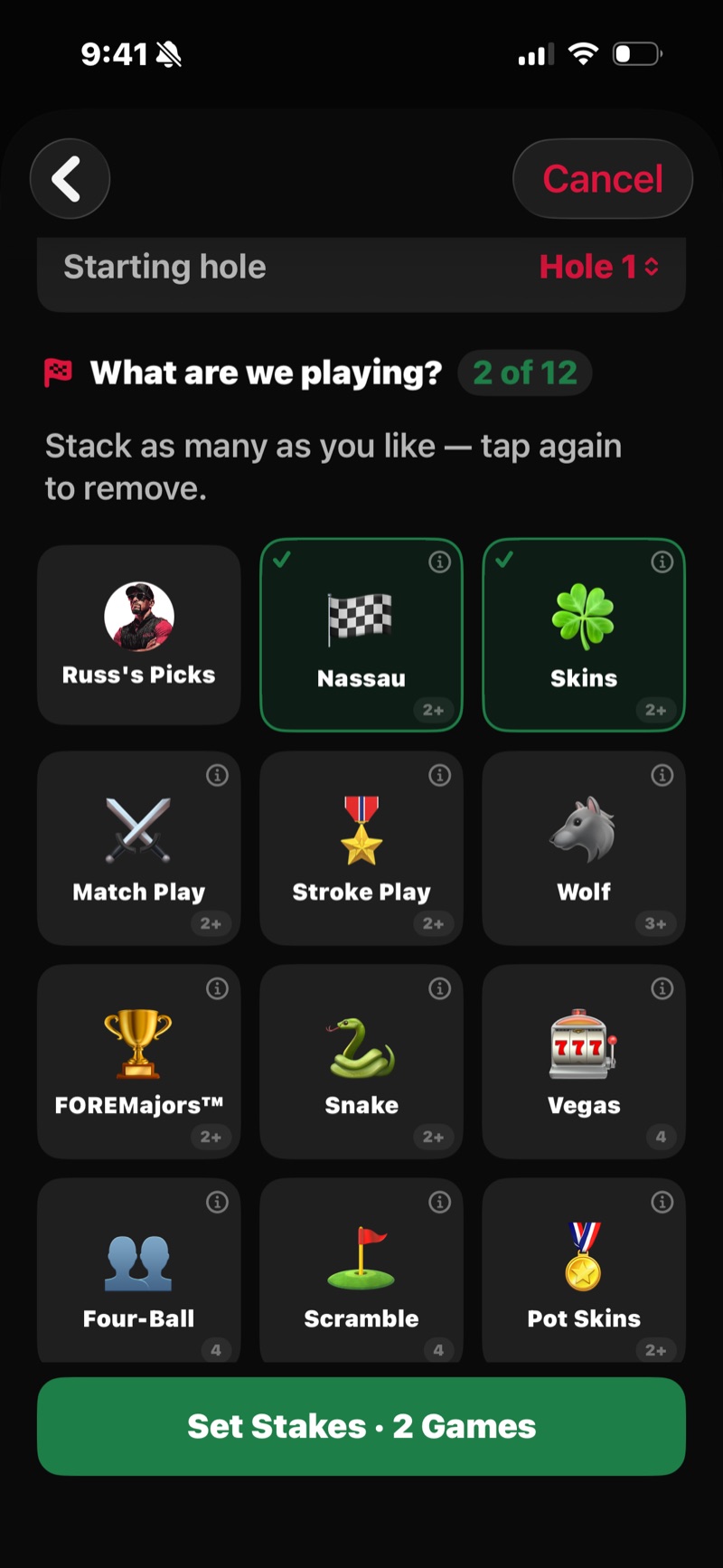 FOREPAID Game Setup screen: How many holes with a Starting hole picker, a Russ&rsquo;s Picks preset tile, and the game grid showing two of twelve games selected