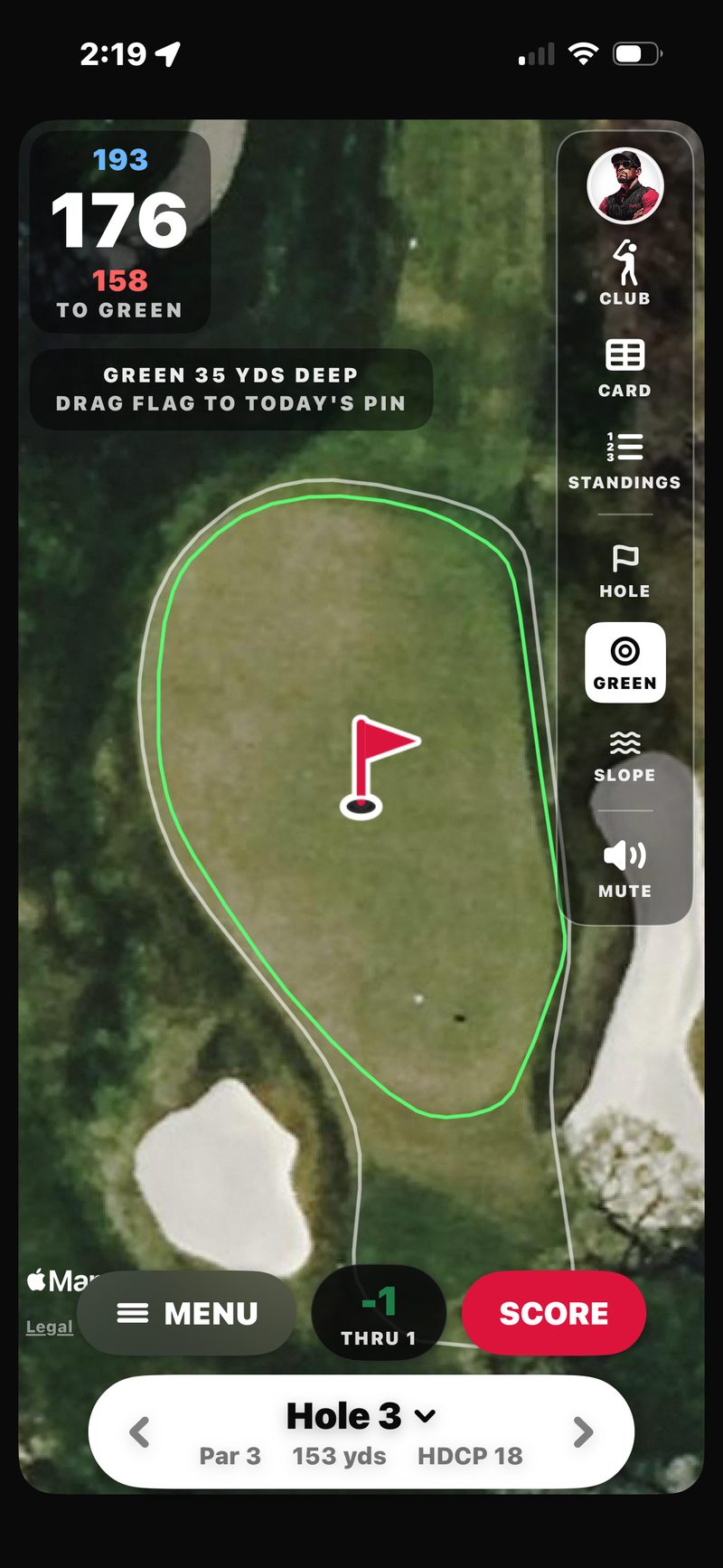 FOREPAID Green View on hole 3, a par 3: the green fills the screen with its outline traced, 193 / 176 / 158 to the green, a GREEN 35 YDS DEEP, DRAG FLAG TO TODAY&rsquo;S PIN banner, and the red flag