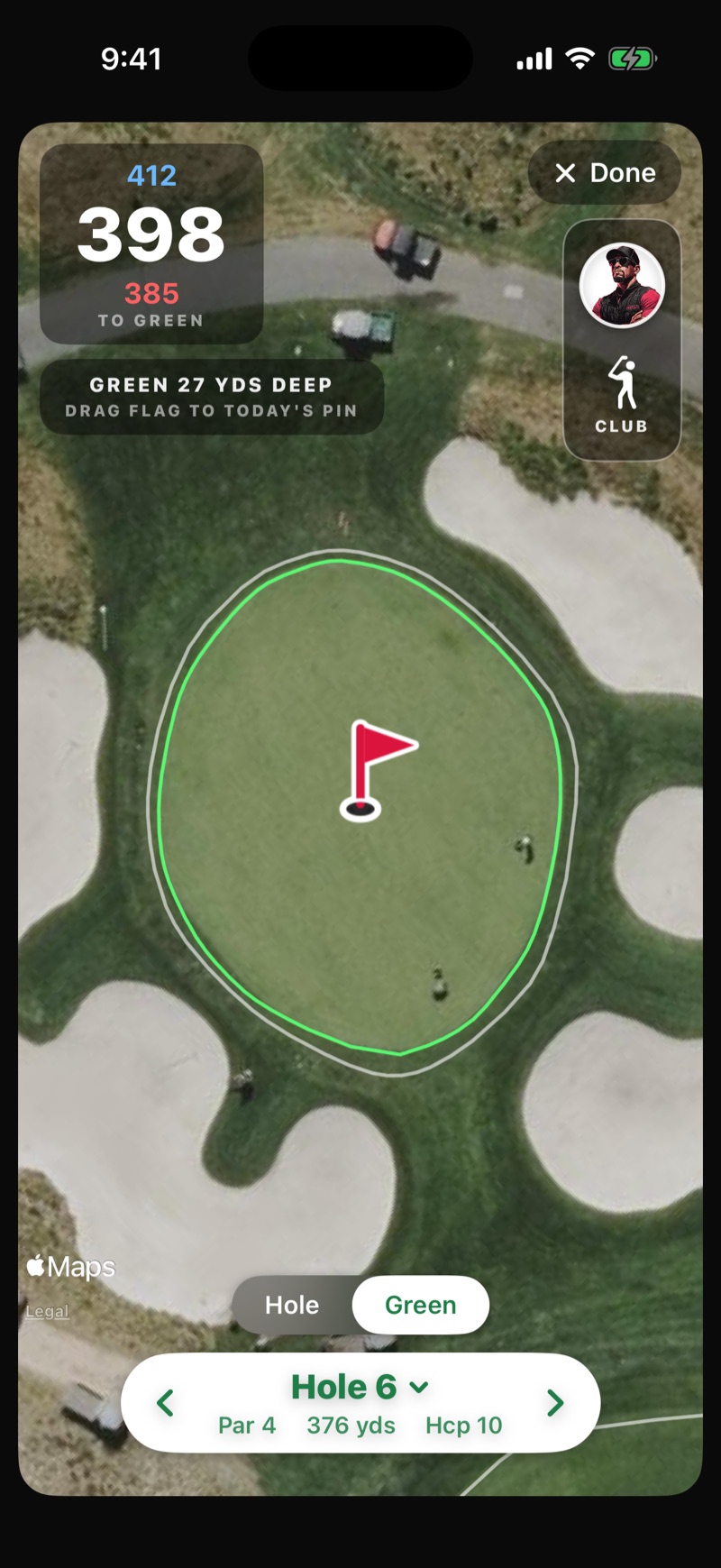 FOREPAID Green View — zoomed aerial of the green with its outline traced, a draggable flag for today&rsquo;s pin, and a green-depth readout