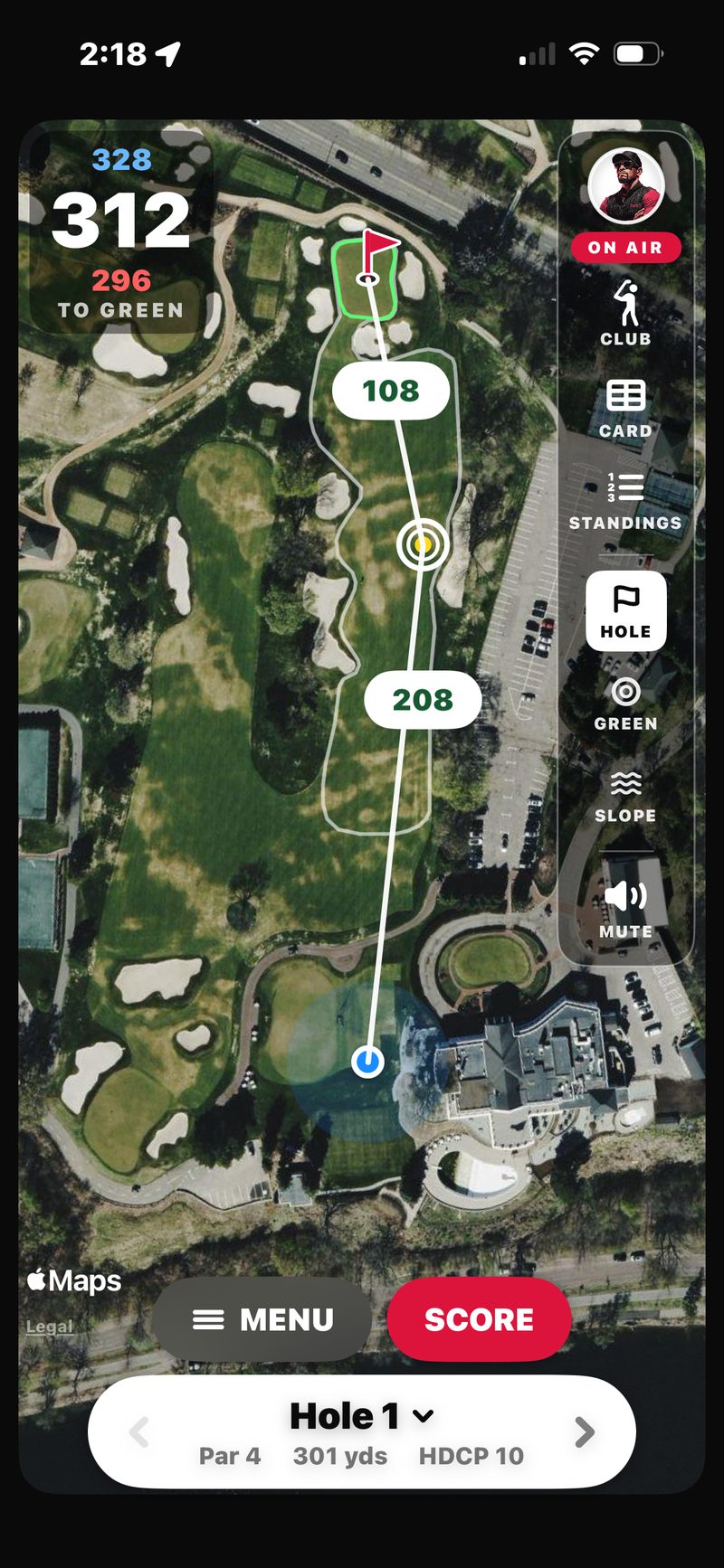FOREPAID GPS hole view mid-round, with numbered hotspots: the yardage card (328 back, 312 middle, 296 front), the Golfcaster rail with ON AIR, CLUB, CARD, STANDINGS, HOLE, GREEN, SLOPE and MUTE, and the MENU and SCORE buttons
