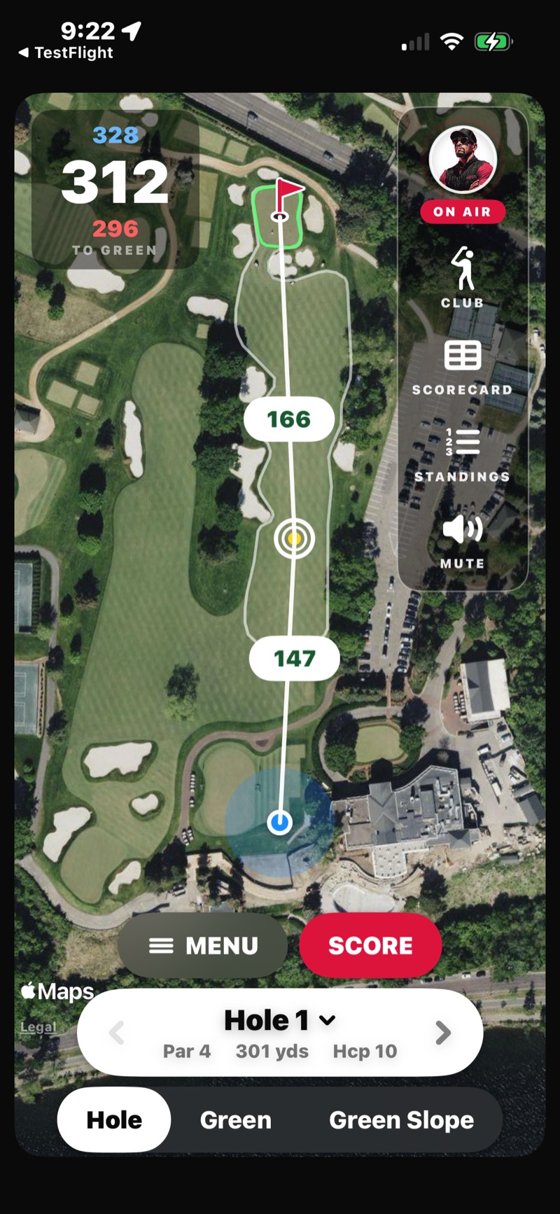 FOREPAID GPS Hole View — satellite aerial of a par 4 with color-coded yardages to the back (328), middle (312), and front (296) of the green, a target line with carry distances, a live you-are-here position dot, Russ&rsquo;s ON AIR rail with the CLUB button, and the Hole / Green / Green Slope toggle