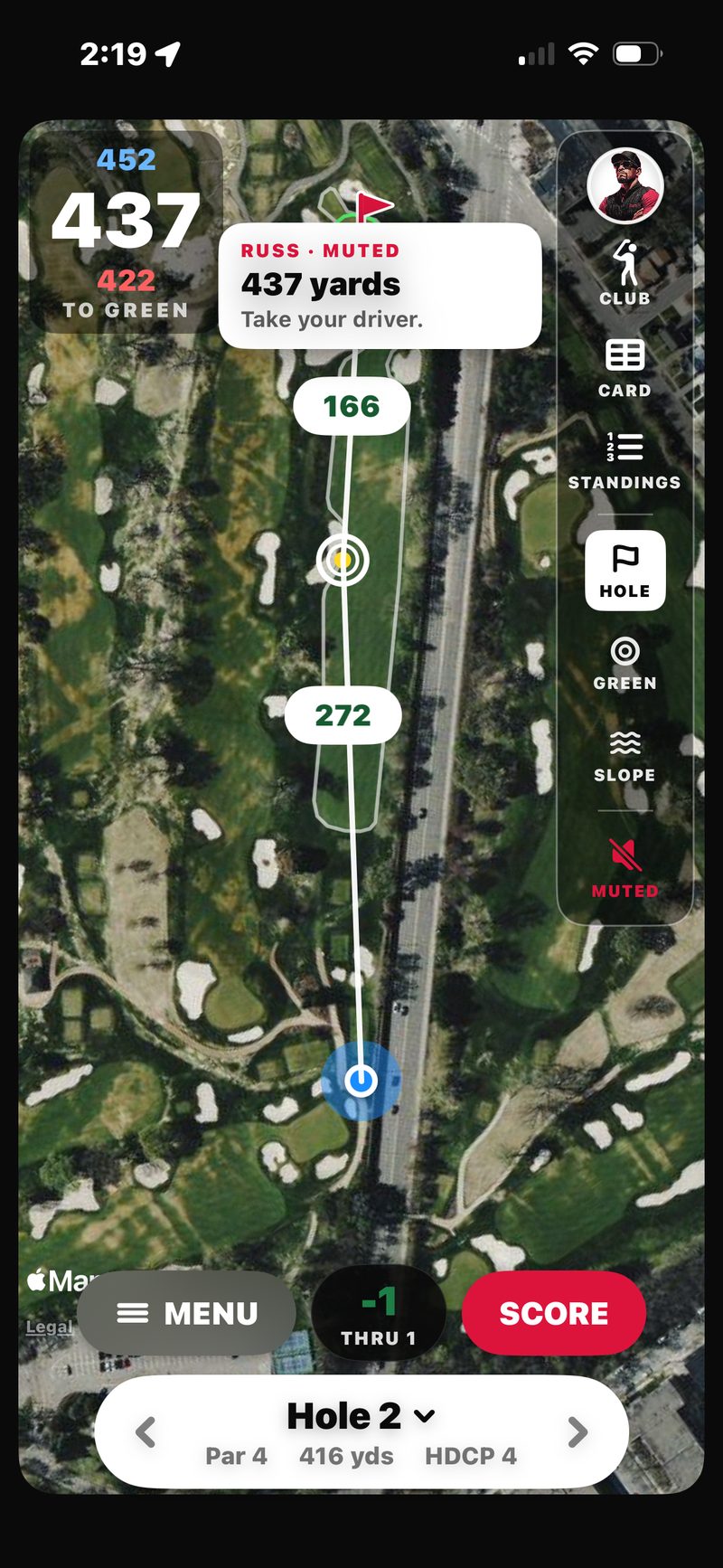 FOREPAID GPS Hole View on hole 2 with MUTED in red at the bottom of the rail and a CLUB text card reading RUSS &middot; MUTED, 437 yards, Take your driver.