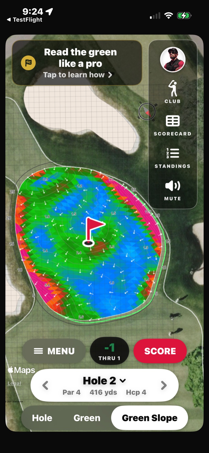 FOREPAID Green Slope view — a StrackaLine green map with color-coded slope contours, break arrows, and grade numbers, plus a compass and a Read the green like a pro banner