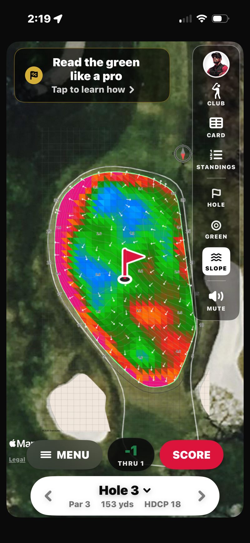 FOREPAID Green Slope view: a color-coded slope map of the green with break arrows, the pin, and a Read the green like a pro banner