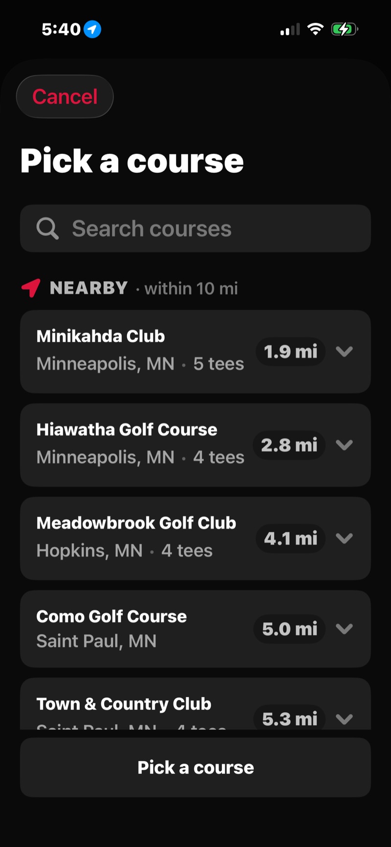 FOREPAID course picker showing nearby Twin Cities courses