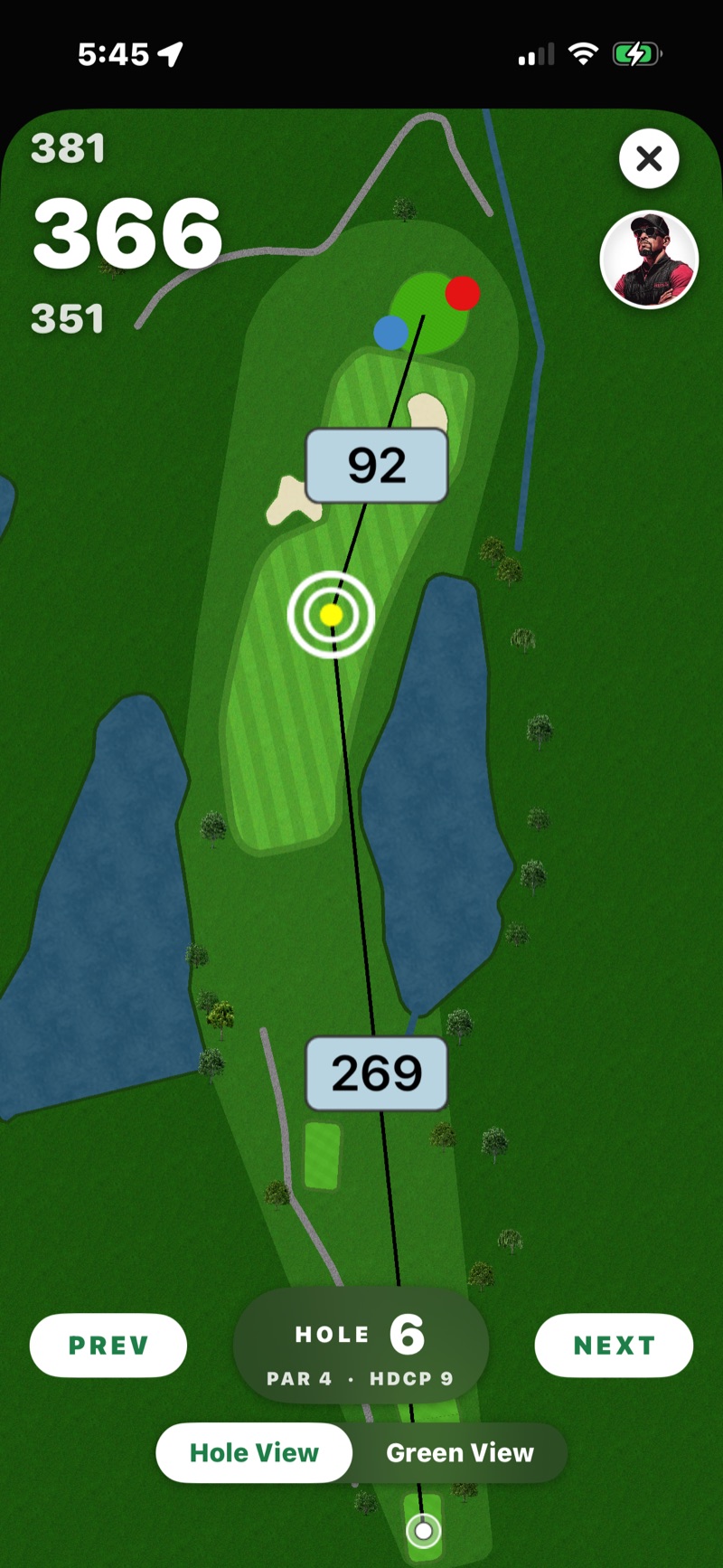 FOREPAID GPS Hole View — aerial of par-4 hole 6 with 381/366/351-yard tee markers, 92 yards to green, hazard distances, and live blue-dot position