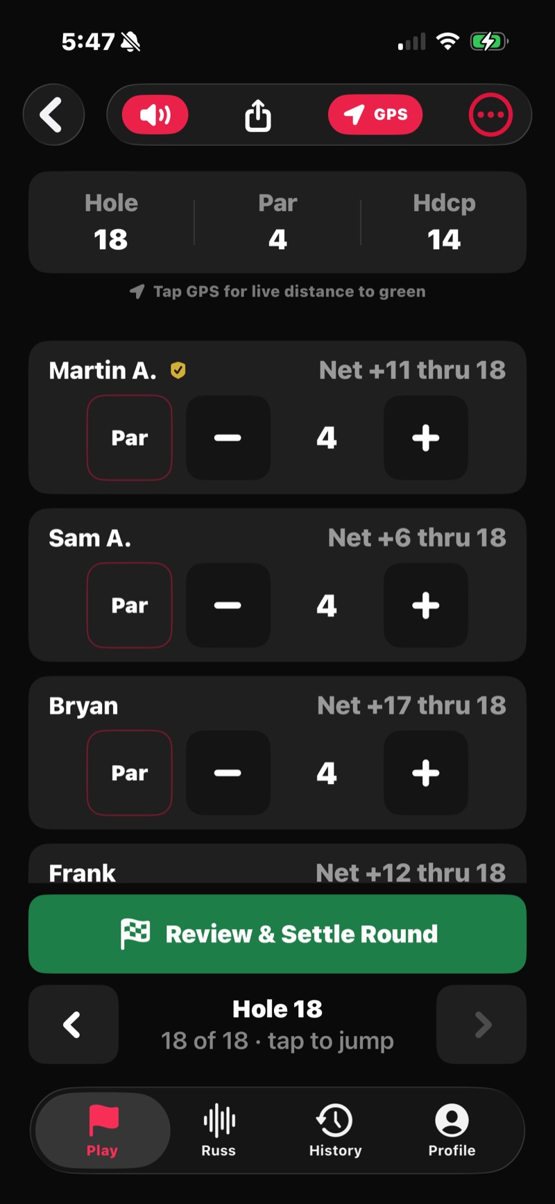 FOREPAID in-round Score Entry with all four players
