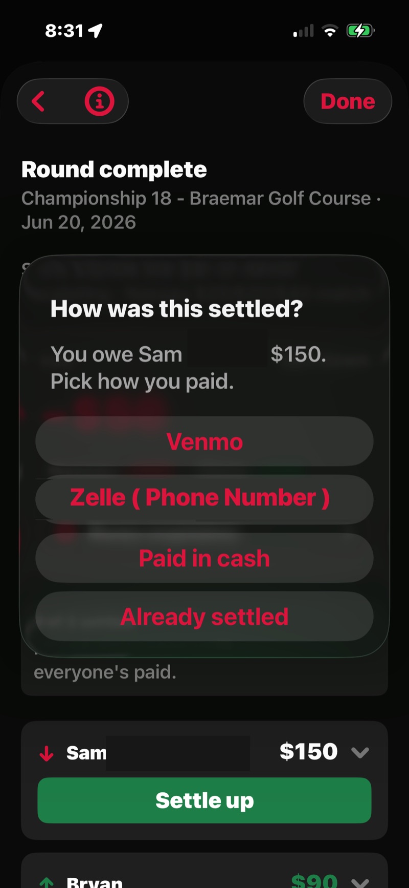 FOREPAID Settle screen — How was this settled? sheet showing Venmo, Zelle (with copy phone number), Paid in cash, and Already settled options for paying Sam $150