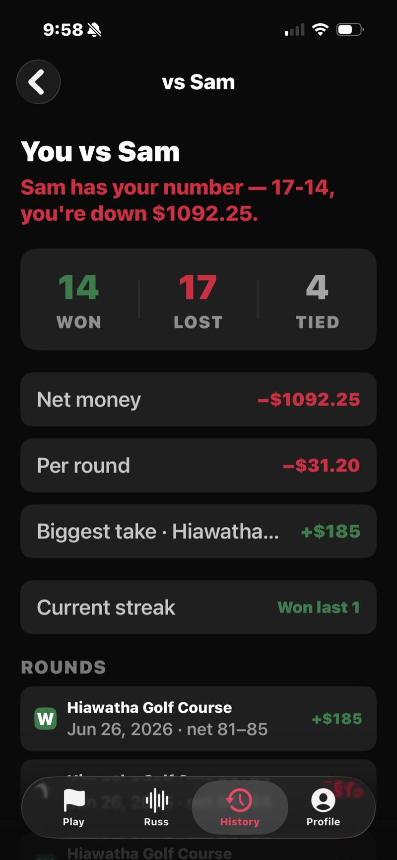 FOREPAID head-to-head — You vs Sam: 14 won, 17 lost, 4 tied, net money, per-round average, biggest take, and current streak