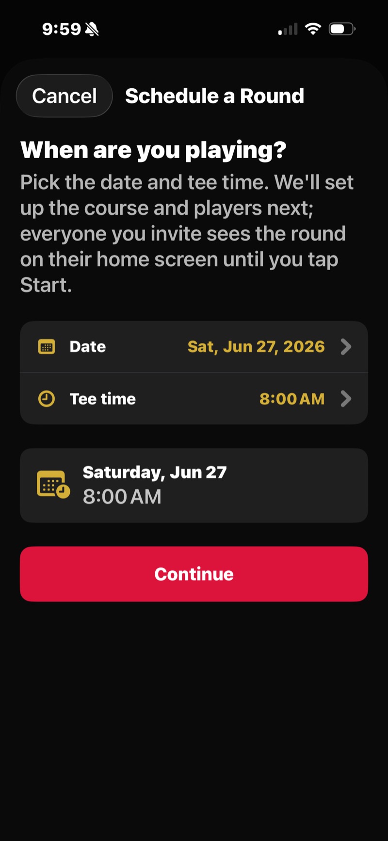 FOREPAID Schedule a Round — pick the date and tee time before setting up course and players