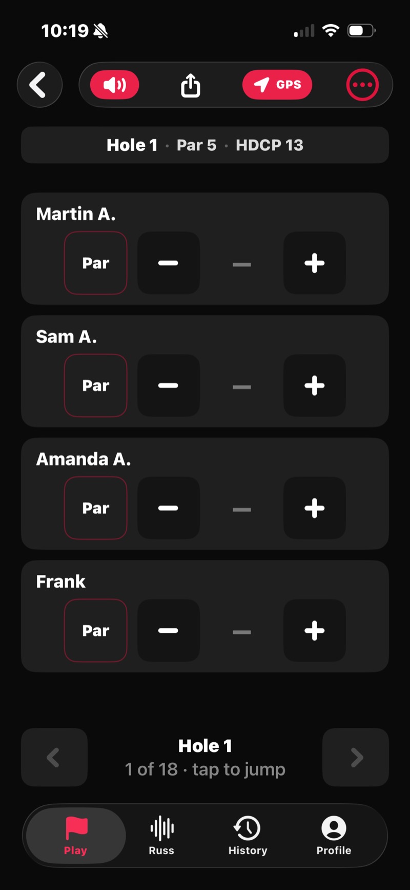 FOREPAID Score Entry screen — Hole 1, par 5, four players each with a Par card and a plus/minus stepper