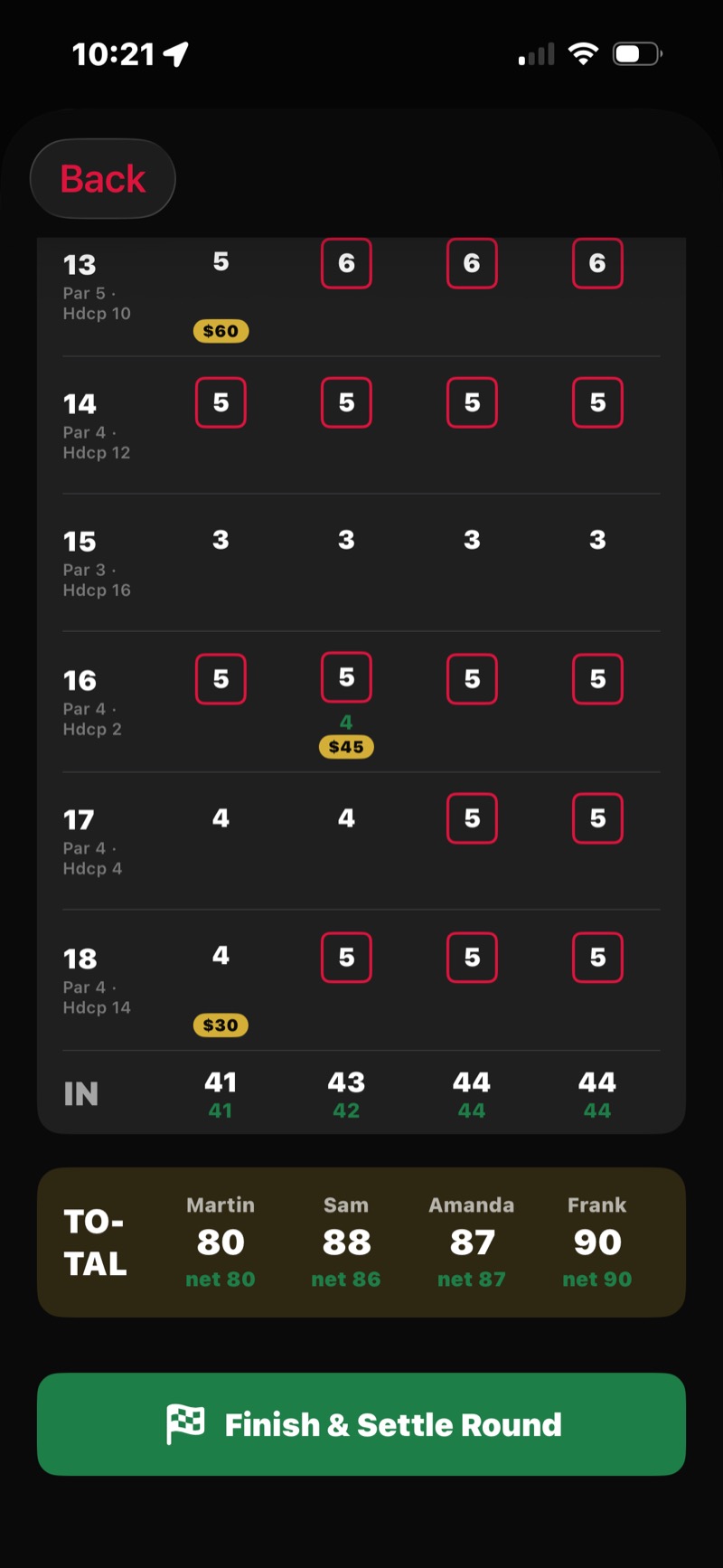 FOREPAID review scorecard — back-9 holes with skin payouts, each player's gross and net total, and a green Finish & Settle Round button