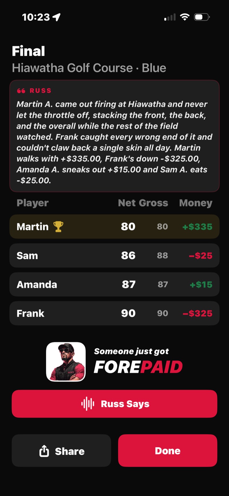 FOREPAID Final recap — Russ's written narrative of the round above a net/gross/money table, with the winner trophied and a Russ Says button