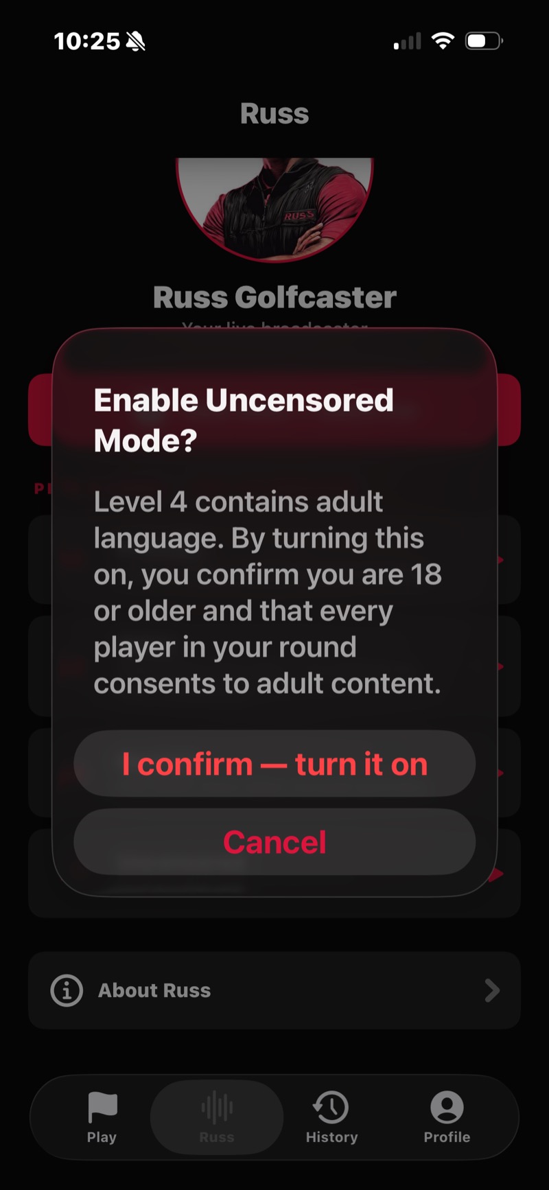 FOREPAID Enable Uncensored Mode confirmation — Level 4 contains adult language; confirm you are 18 or older and everyone consents