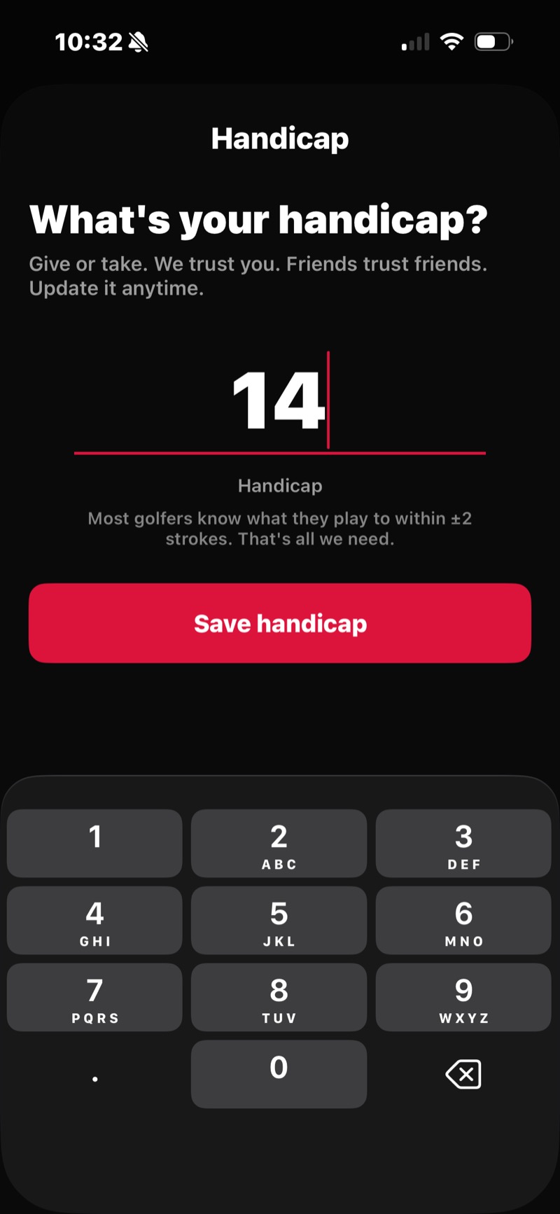 FOREPAID handicap entry — What's your handicap? a single number field with a Save handicap button