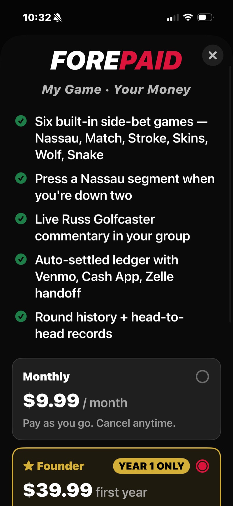 FOREPAID subscription screen — feature list with Monthly $9.99 and Founder $39.99 first-year pricing