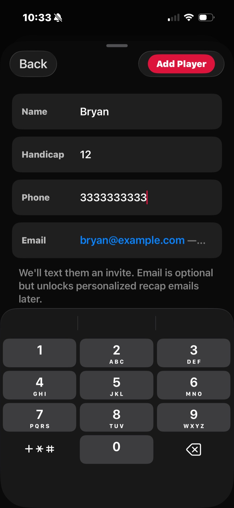 FOREPAID add-a-new-player form — name, handicap, optional phone and email, with an Add Player button