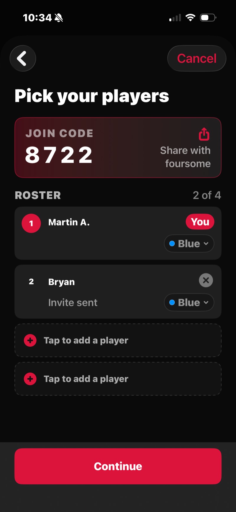 FOREPAID Pick your players — a join code to share with the foursome and a roster with each player's tee