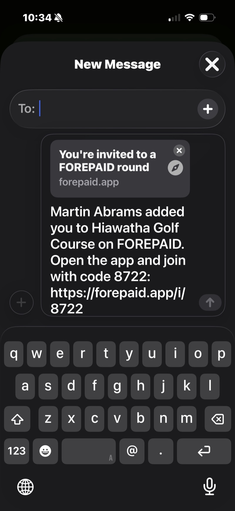 FOREPAID SMS invite — a text inviting the player to a round at Hiawatha with a join link and code