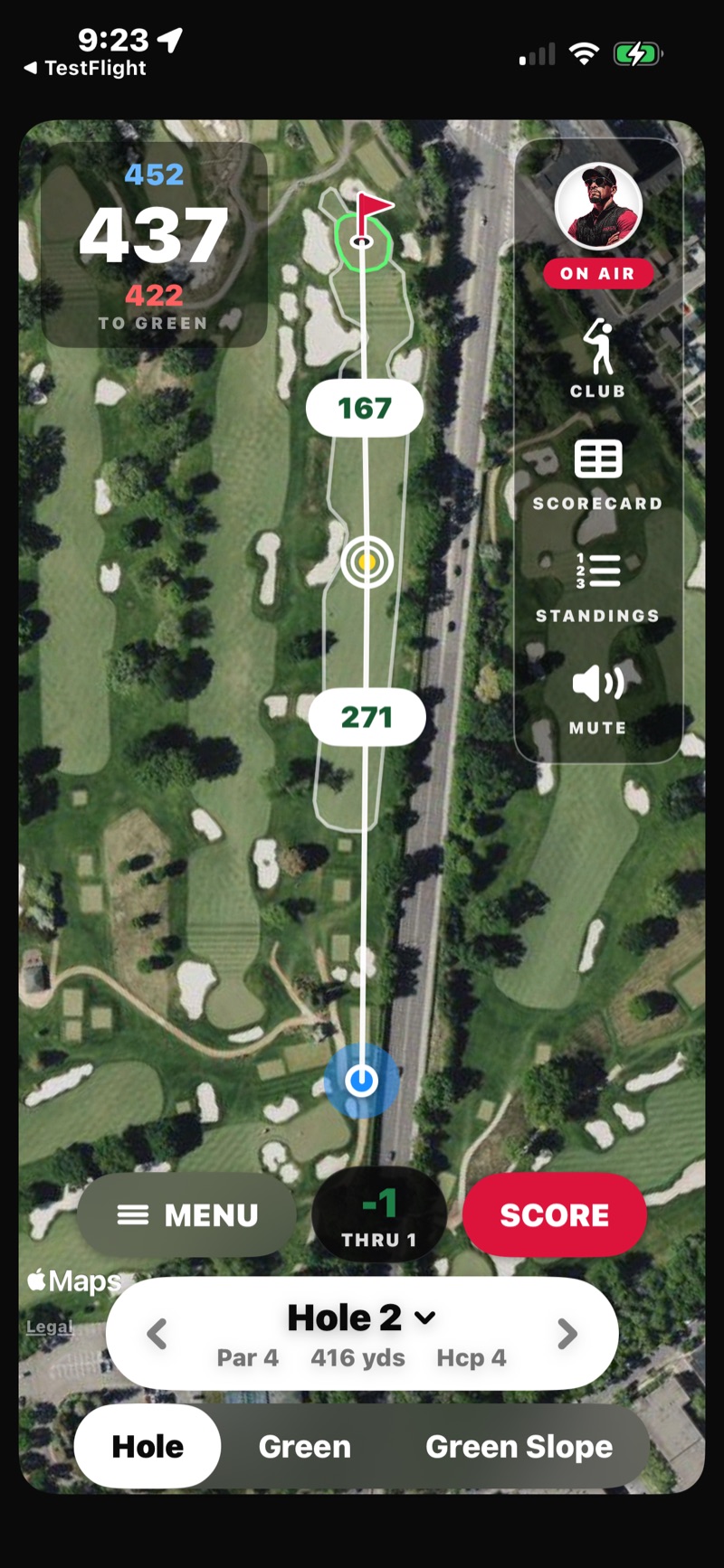 FOREPAID GPS Hole View mid-round with numbered hotspots — Russ&rsquo;s ON AIR rail with CLUB, SCORECARD, STANDINGS, and MUTE, live yardages, and MENU and SCORE controls