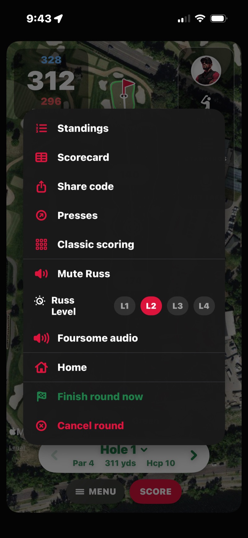 FOREPAID in-round menu — Standings, Scorecard, Share code, Presses, Classic scoring, Mute Russ, Russ Level L1 through L4, Foursome audio, Home, Finish round now, and Cancel round