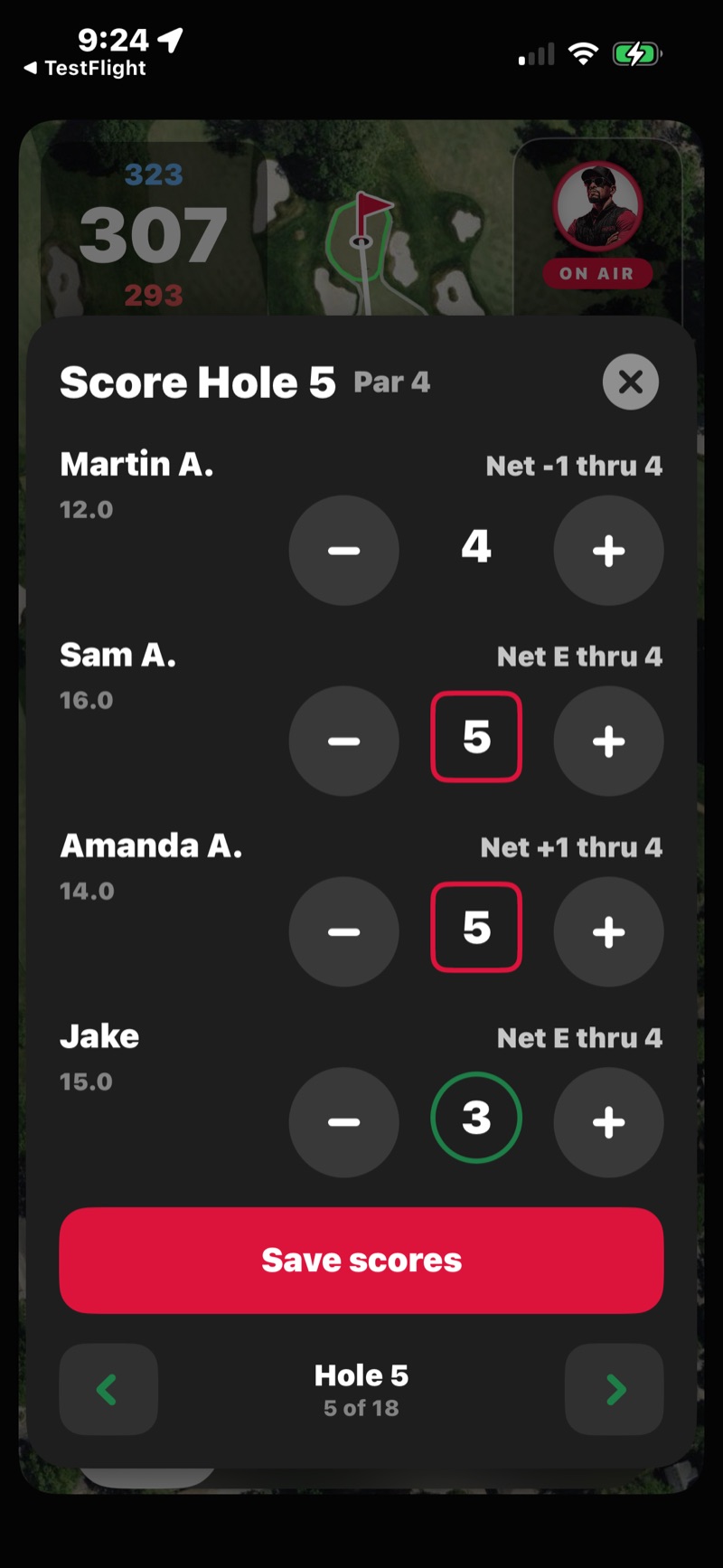FOREPAID score pad over the live GPS map — four players with color-coded scores entered for a par 4, live net standings, and a Save scores button