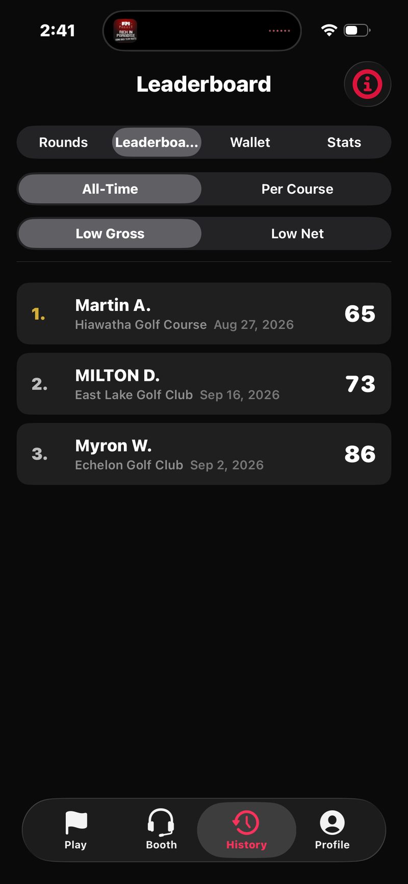 FOREPAID Leaderboard with All-Time and Low Gross selected: Martin A. first at 65, Milton D. second at 73 and Myron W. third at 86, each with the course and date