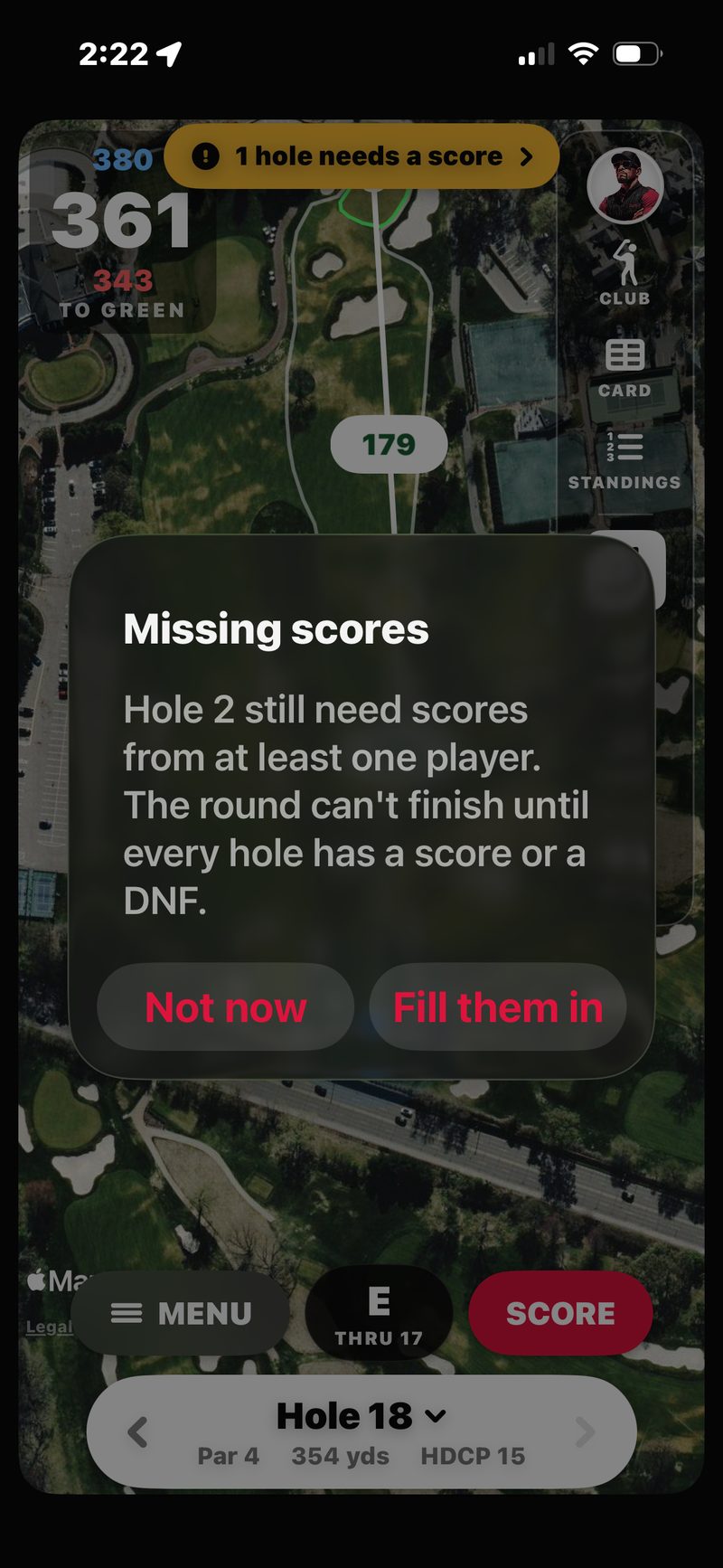 FOREPAID Missing scores alert: hole 2 still needs scores from at least one player, and the round can&rsquo;t finish until every hole has a score or a DNF, with Not now and Fill them in buttons