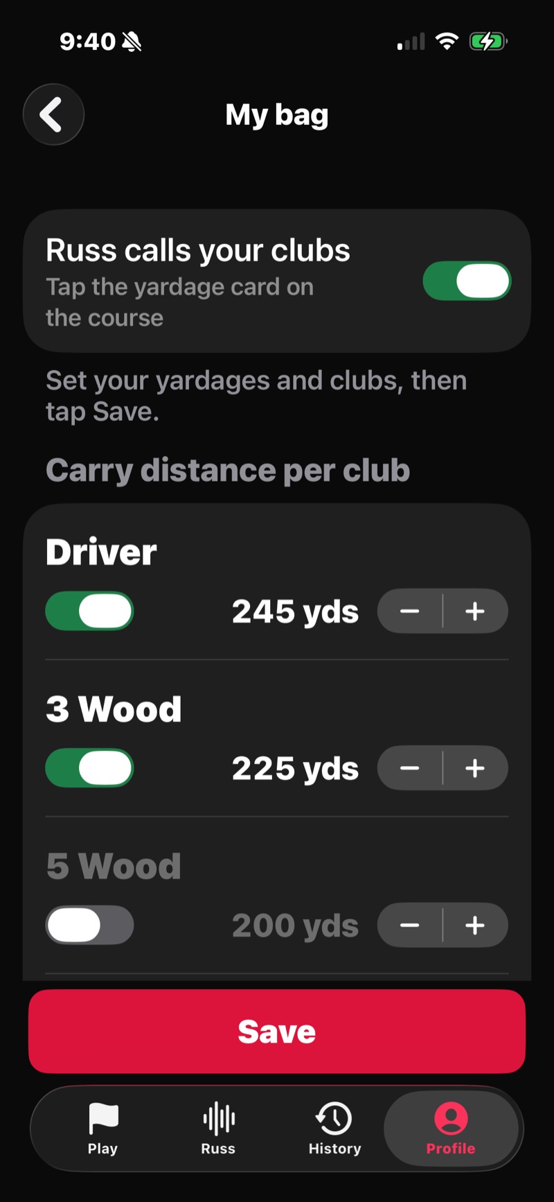 FOREPAID My Bag — carry distance per club (Driver 245, 3 Wood 225) with per-club toggles and steppers, so Russ can call your exact club