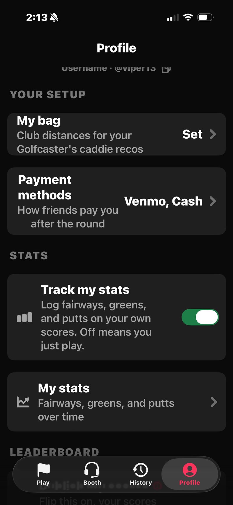 FOREPAID Profile tab: YOUR SETUP with My bag and Payment methods set to Venmo and Cash, and STATS with Track my stats switched on and My stats