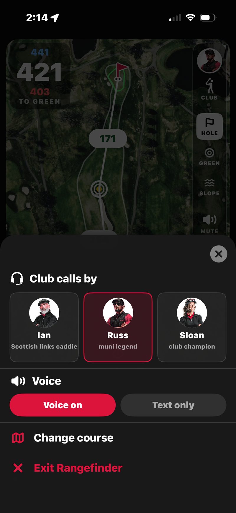 FOREPAID Rangefinder menu: Club calls by Ian, Russ or Sloan with Russ selected, Voice on or Text only, Change course, and Exit Rangefinder