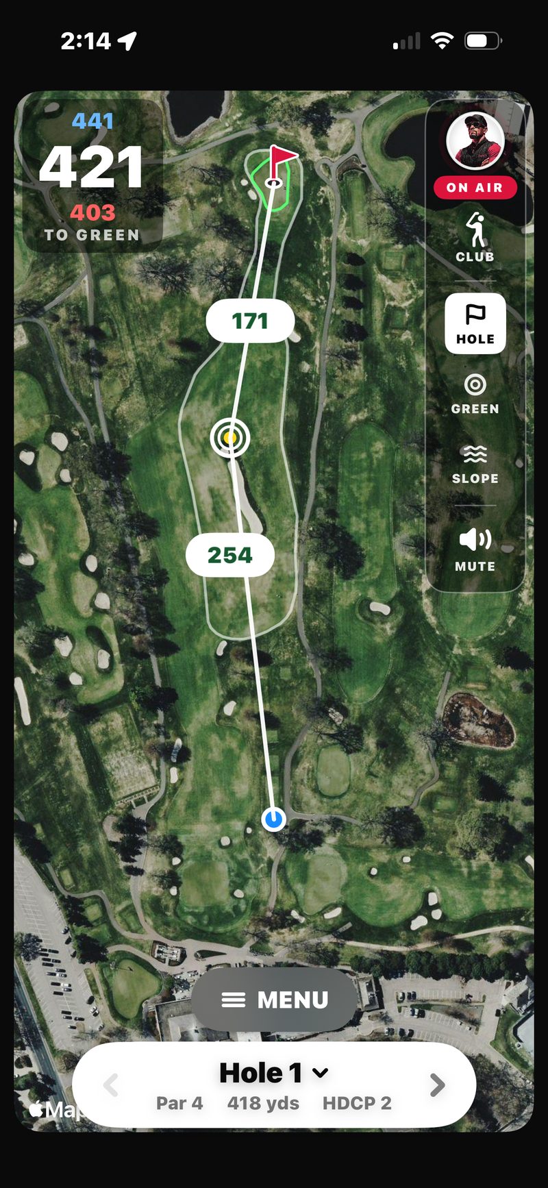 FOREPAID Rangefinder on hole 1, a par 4: 441 back, 421 middle and 403 front on the satellite aerial, a rail of ON AIR, CLUB, HOLE, GREEN, SLOPE and MUTE, and a MENU button above the hole pill