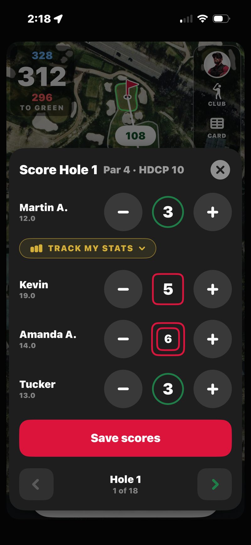 FOREPAID Score Hole 1 pad over the GPS map, par 4: Martin A. 3, Kevin 5, Amanda A. 6 and Tucker 3, a Track my stats chip under Martin A., and a Save scores button