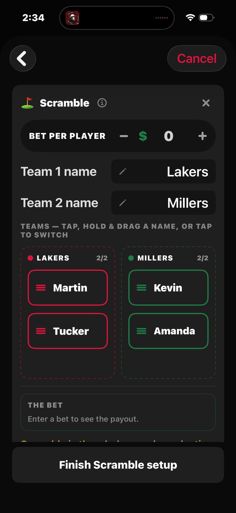 FOREPAID Scramble setup: bet per player, teams named Lakers and Millers, and tap-and-drag team lists