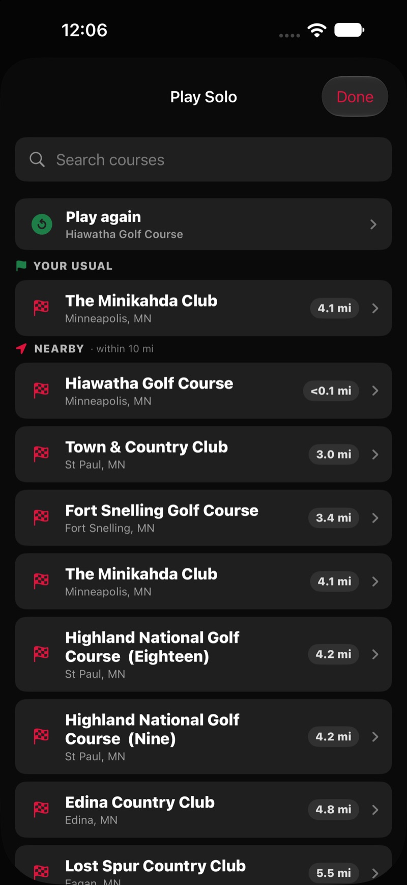 FOREPAID Play Solo course picker: search, Play again at Hiawatha, Your Usual, and Nearby courses within 10 miles with distances