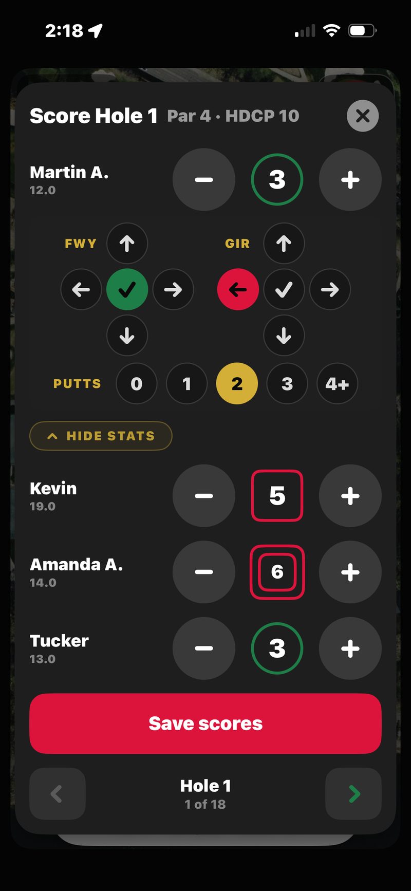 FOREPAID score pad with the stats compass open: fairway hit, green missed left, two putts