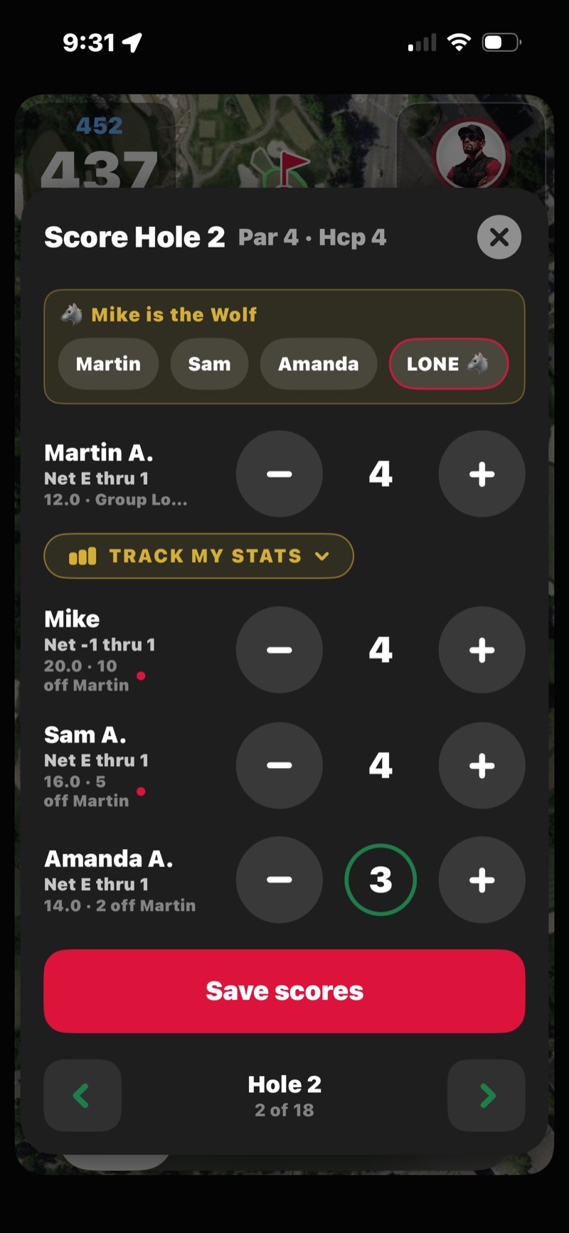 FOREPAID score pad over the live GPS map — Mike is the Wolf banner with color-coded scores entered for a par 4, live net standings, and a Save scores button